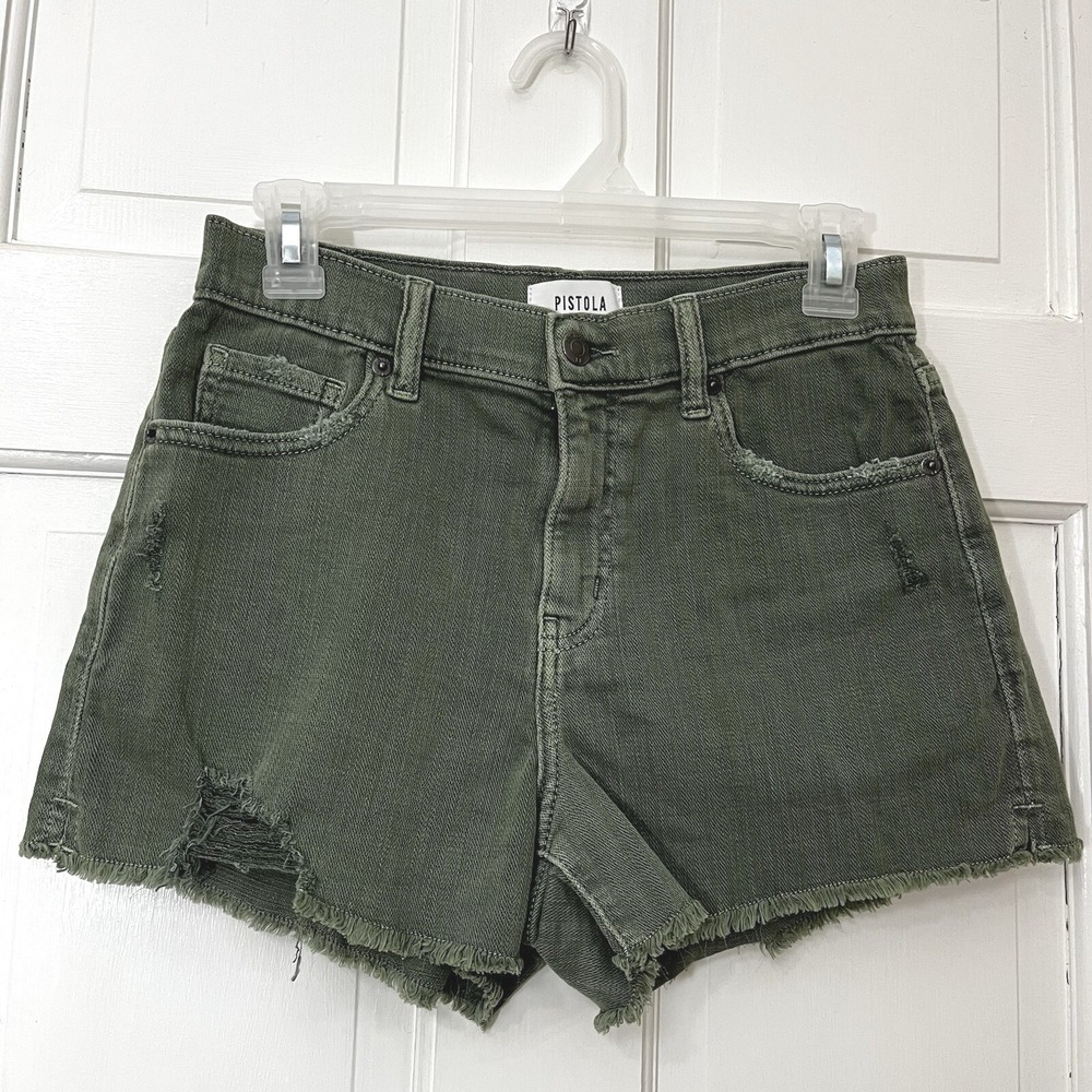 Pistola Winston High Rise Stretch Green Distressed Hey Shorts - Olive Size 26 - Picture 1 of 5